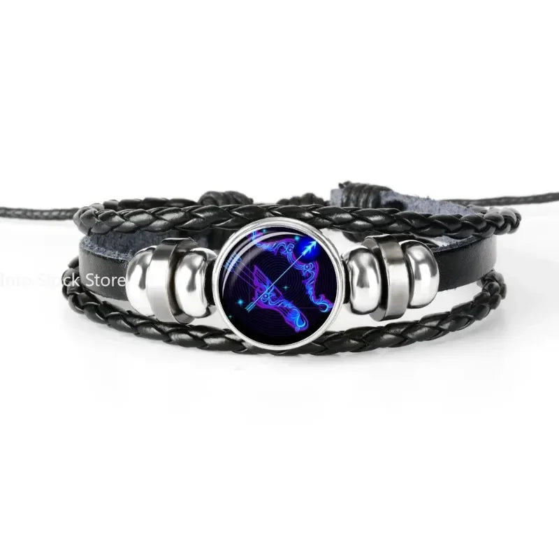 Gemini Leo Libra Scorpio Sagittarius 12 Constellation Luminous Bracelet Leather Bracelet Zodiac Charm Jewelry Bracelet for Men