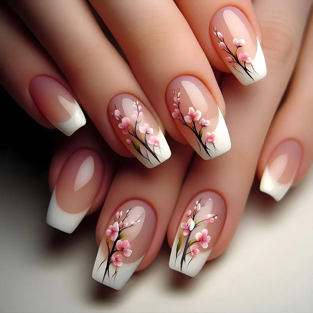 24pcs Mini Flower Press on Nails with Glue Painting Floral Acrylic Fake Nails Spring Design Short Square False Nails for Girls