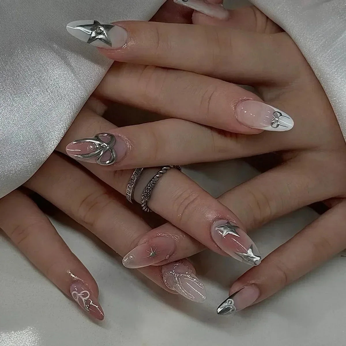 24pcs detachable sweet cool ballet false nails with star y2k designs acrylic press on nails coffin almond fake nails with glue