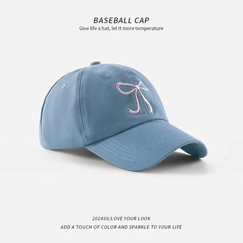 Sweet Bowknot Embroidery Baseball Hat For Women Solid Color Korean Girl Peaked Cap Outdoor Soft Cotton Snapback Sun Visors Hat