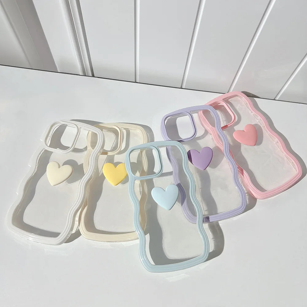 Wave Frame Cover For iPhone 15 11 14 12 13 Pro Max X XR XS Max 7 8 14 15 Plus SE 2020 2022 3D Love Heart Transparent Case Ccover