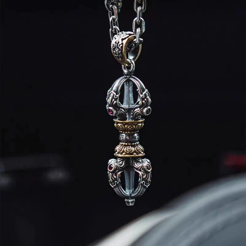 Vintage Buddhist Dharma Vessel Exorcism Vajra Pendant Necklace for Men Necklace Religious Amulet Accessory Gift