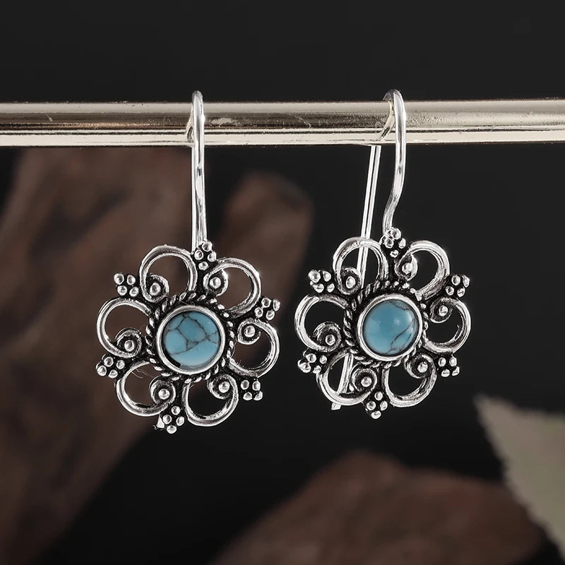 Beautifully Inlaid Blue Turquoise Flower Hypoallergenic Earrings for Women Stylish Elegant Banquet Jewelry