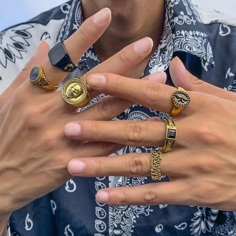 6Pcs/Set Vintage Silver Color Skeleton Skull Rings Set For Men Women Punk Gothic Metal Geometric Knuckle Ring Jewelry Anillos