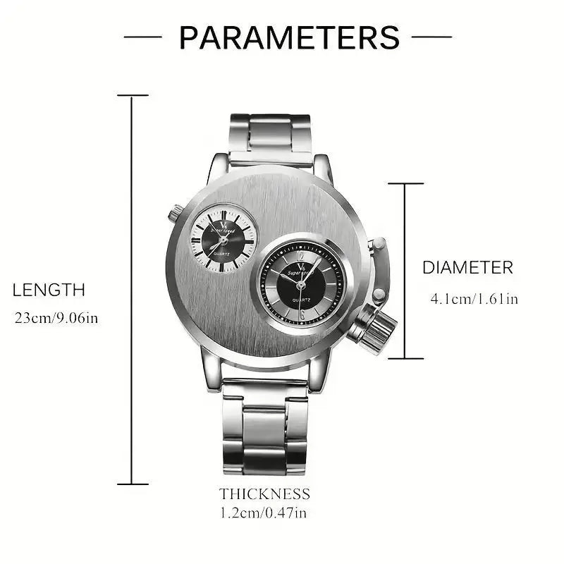 YIKAZE Luxury Quartz Men's Watches Punk Style Dual Dial Business Men Wristwatch Stainless Steel Strap Waterproof Military Watch