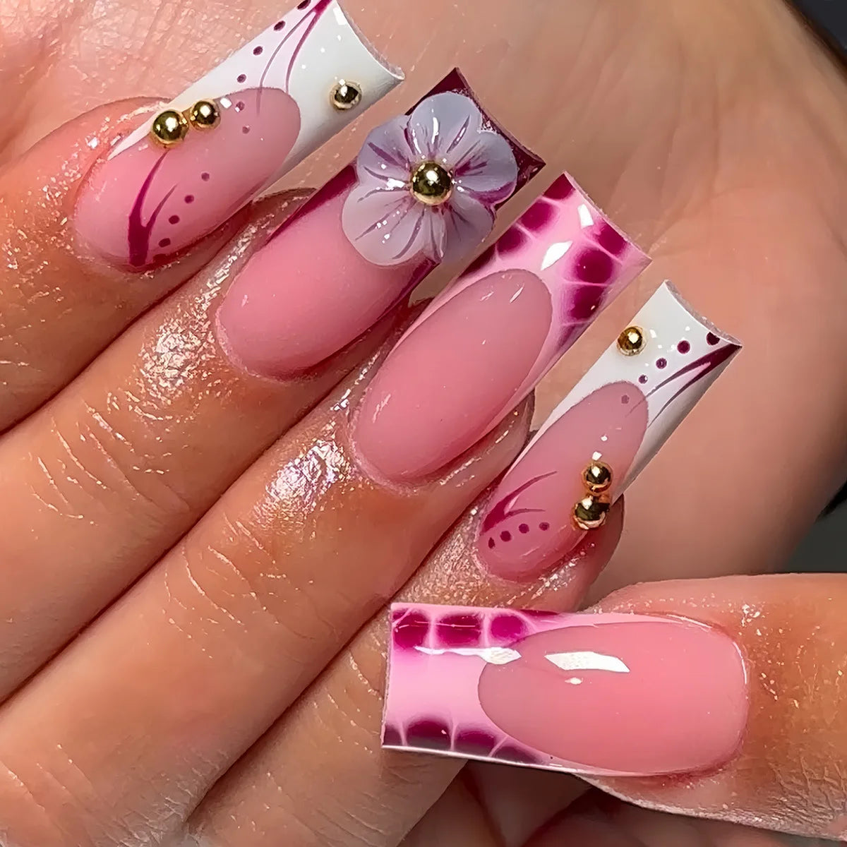 24Pcs Pure White French Press on Nails Long Square Head False Nails with Pearl Pink Bow Design Ballet Wearable Fake Nails