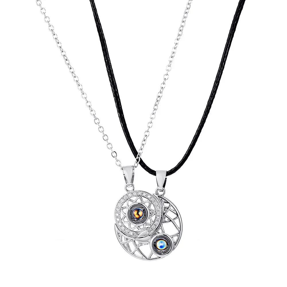 Fashion Couple Matching Necklace Sun Moon Necklaces for Lovers Gift Heart Magnetic Paired Pendant Jewelry Chain Choker 2 Pcs/set