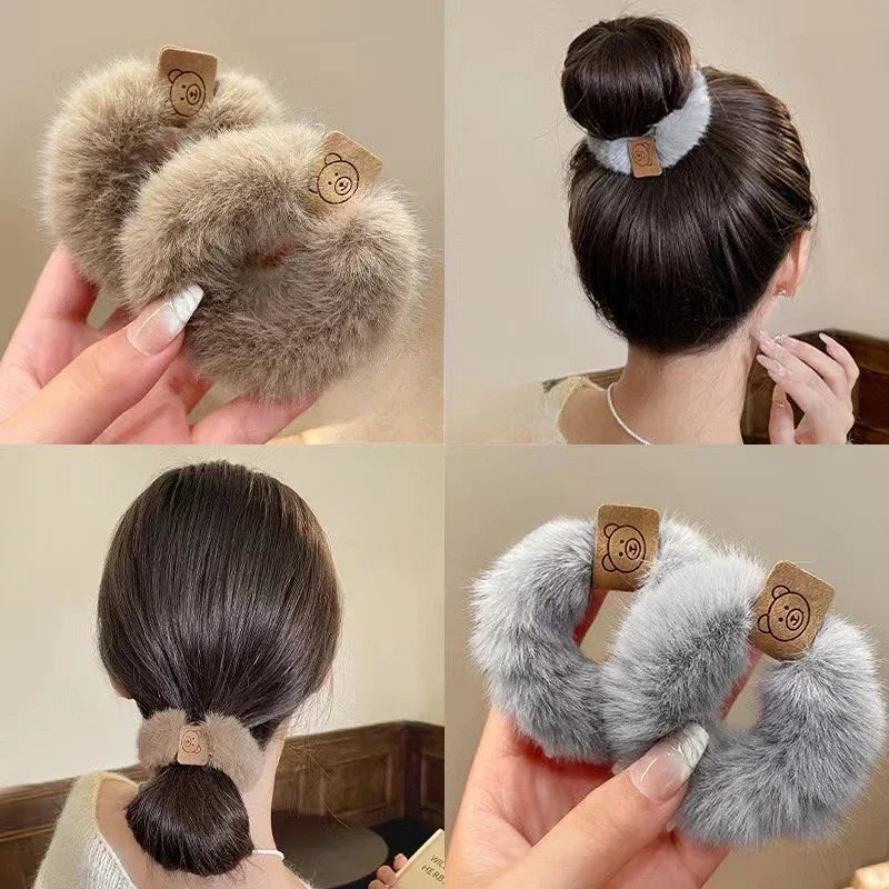 Autumn and Winter Plush Cute Bear Towel Ring Hair Tie Korean Style Hair Accessories Headband Thick High Elastic Hair Rope