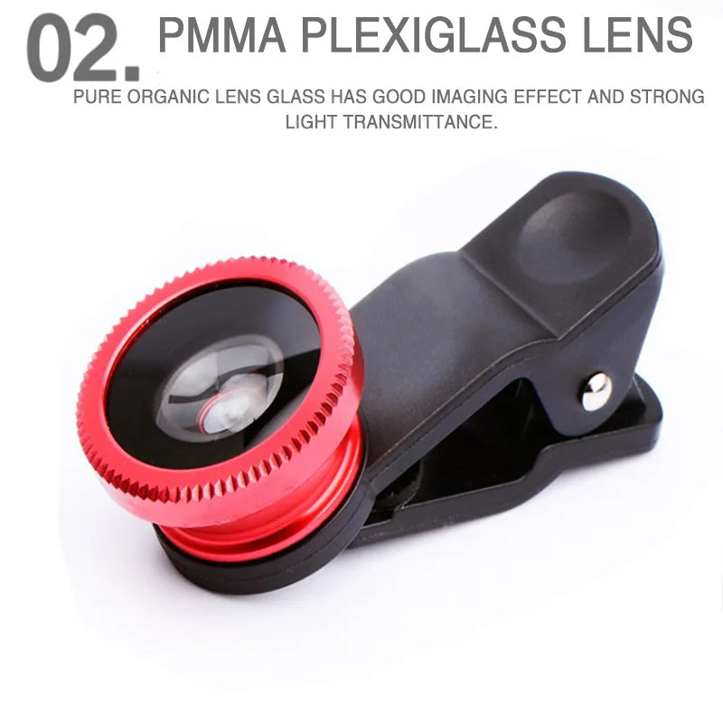 3 in 1 Fisheye Lens 0.67X Wide Angle Micro Camera Lens for iPhone Angle Zoom Fish Eye Len on Smartphone Lenses with Phone Clip