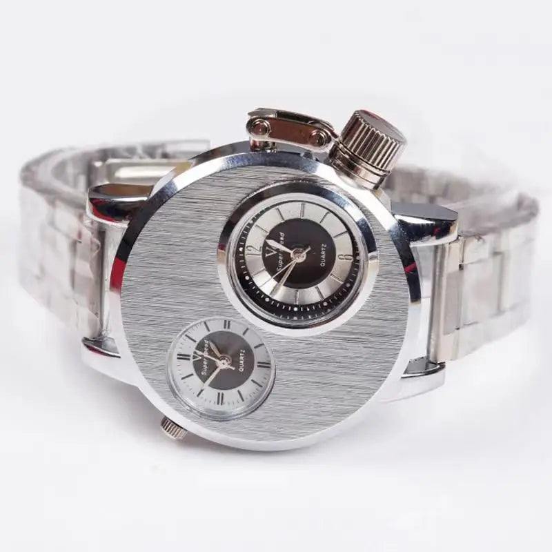 YIKAZE Luxury Quartz Men's Watches Punk Style Dual Dial Business Men Wristwatch Stainless Steel Strap Waterproof Military Watch