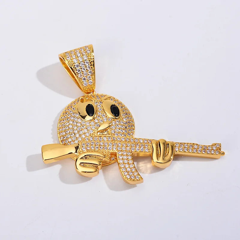 Hip-Hop Cartoon Round Face Gun Ak-47 Necklace Iced Out Pendant Gold Color Cubic Zirconia Men's Hip-Hop Rock Rap Jewelry