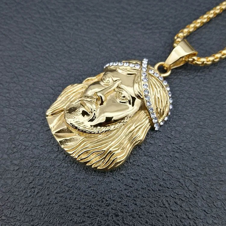 Christian Iced Out Bling Jesus Head Portrait Necklace Pendant Male and Female Cross Catholic Amulet Jewelry