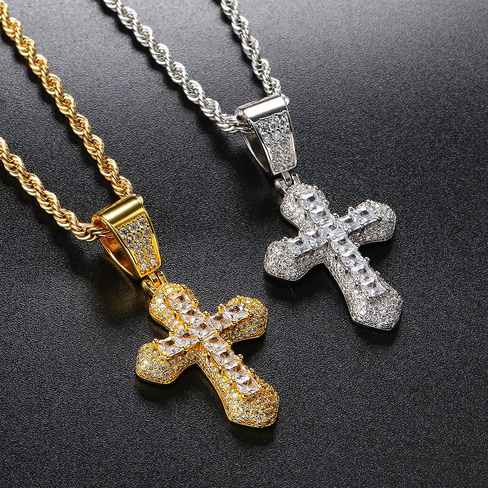 Luxury Inlaid CZ Cross Hiphop Pendant Rope Chain Necklaces for Men Women Punk Personality Rapper Accessory Fashion Neck Jewelry