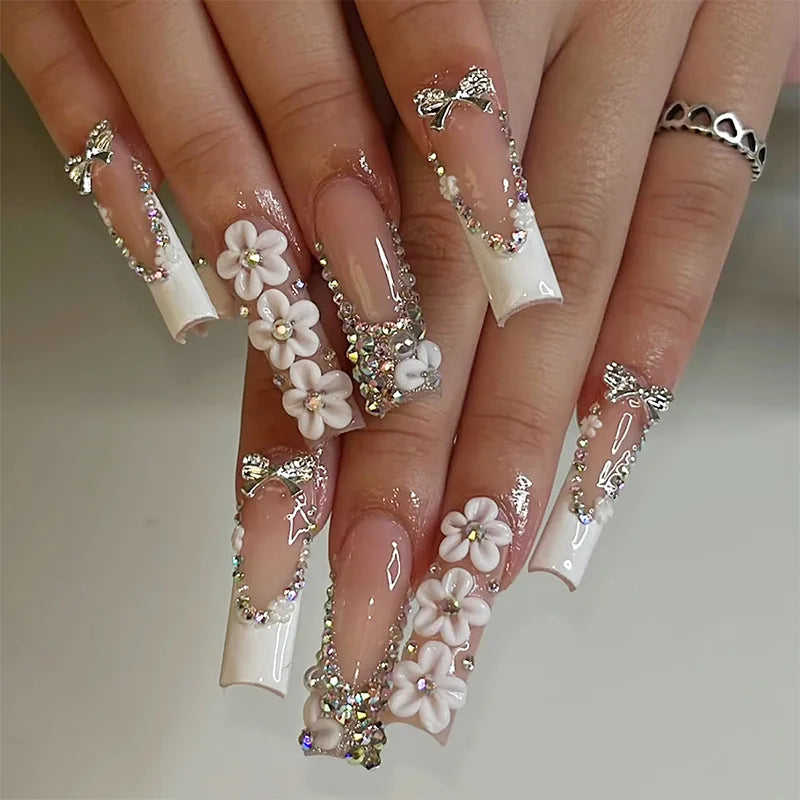 24Pcs Sweet Cool Spice Girl Press on Nails Black French Bow False Nails Y2k Star Glitter Diamond Nail Long Square Gel Fake Nails