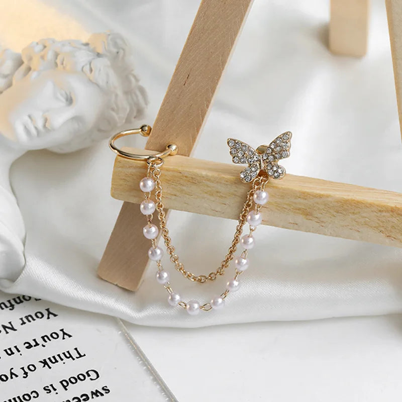 Korean Rhinestone Butterfly Stud Earrings For Women Girls Cute Fashion Metal Cuff Chain Tassel Boucle D'oreille Jewelry