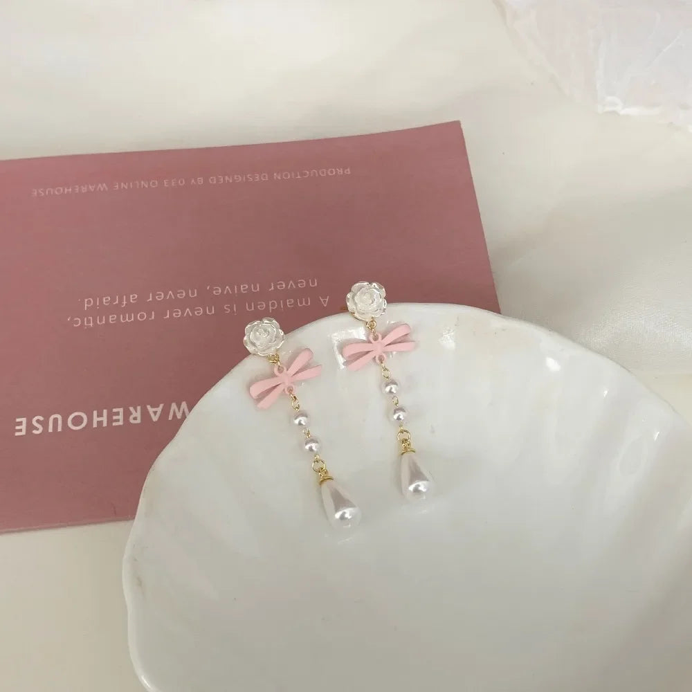 Fashion French Lovely Elegant Earring Vintage Mini Luxury Bow Heart Ear Stud Korean Style Pearl Earrings Women Drop Earrings