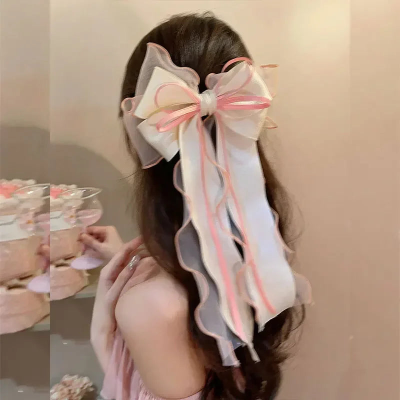 Pink Mesh Big Bow Hair Clip For Women Simple Ribbon Girls Elegant Spring Clip Headwear Korean Style Cute Bowknot Ponytail