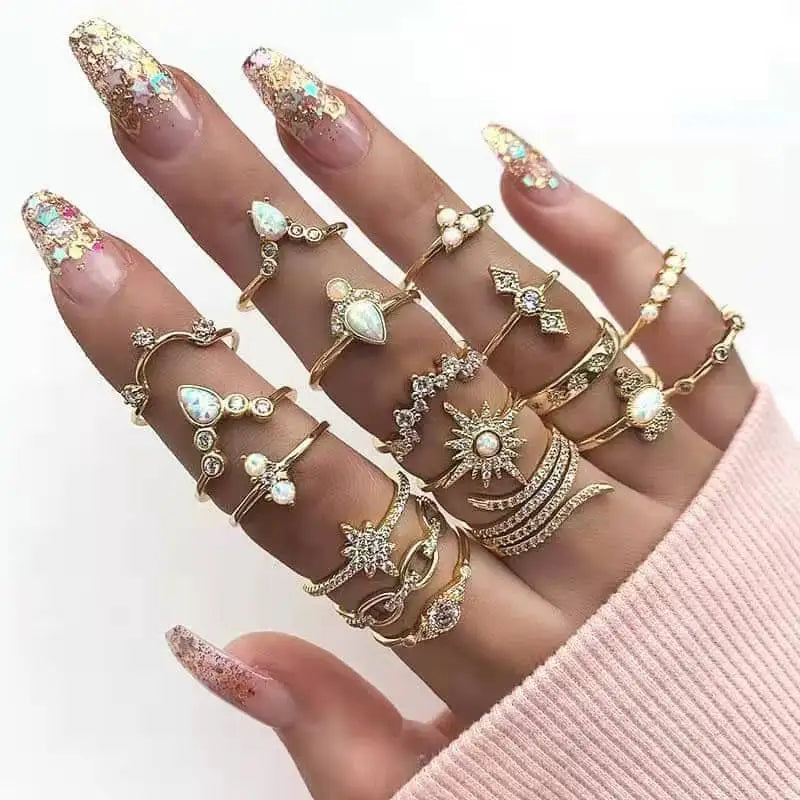 Vintage Korean Gold Silver Color Pearl Rings Set Jewelry For  Girls Butterfly Hollow Heart  Ring For Women Accessories