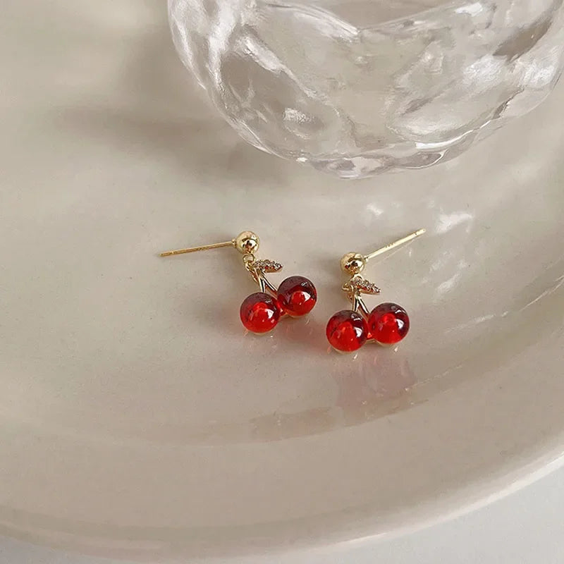 Red Cherry Pendant Necklace Stud Earrings Set Women's Fashion Fruit Necklace Earrings Jewery Set For Party Wedding Girls Gifts
