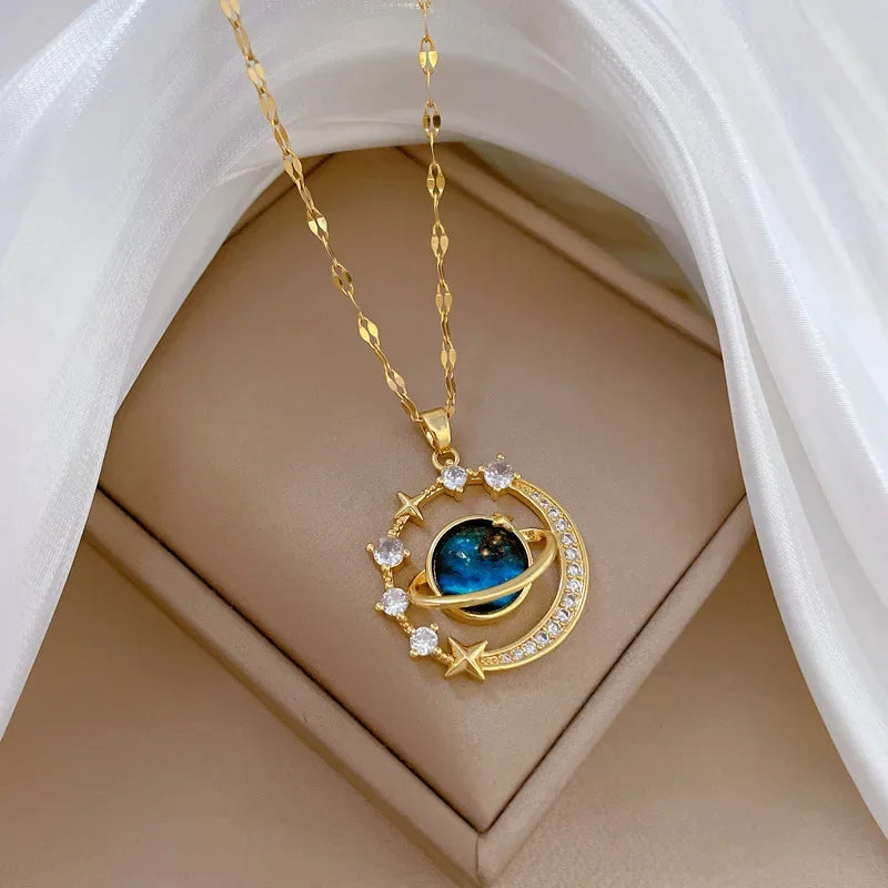 Dainty Blue Planet Necklace Stainless Steel Clavicle Chain Zircon Saturn Space Earth Pendant Necklace Aesthetics Jewelry Collar