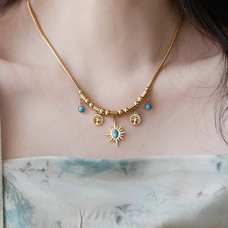 Stainless Steel Gold Color Round Green Stone Pendant Necklace For Women Vintage Ethnic Girls Chain Jewelry Gifts