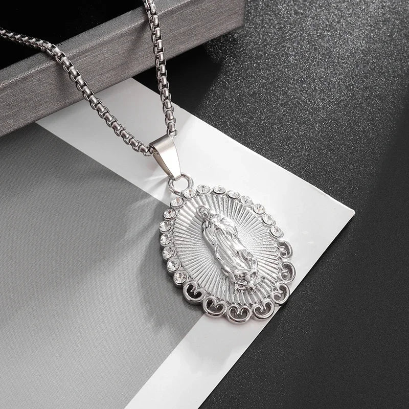 Beautiful Stainless Steel Catholic Virgin Mary Portrait Square Pendant Necklace for Men and Women Religious Catholic Jewelry