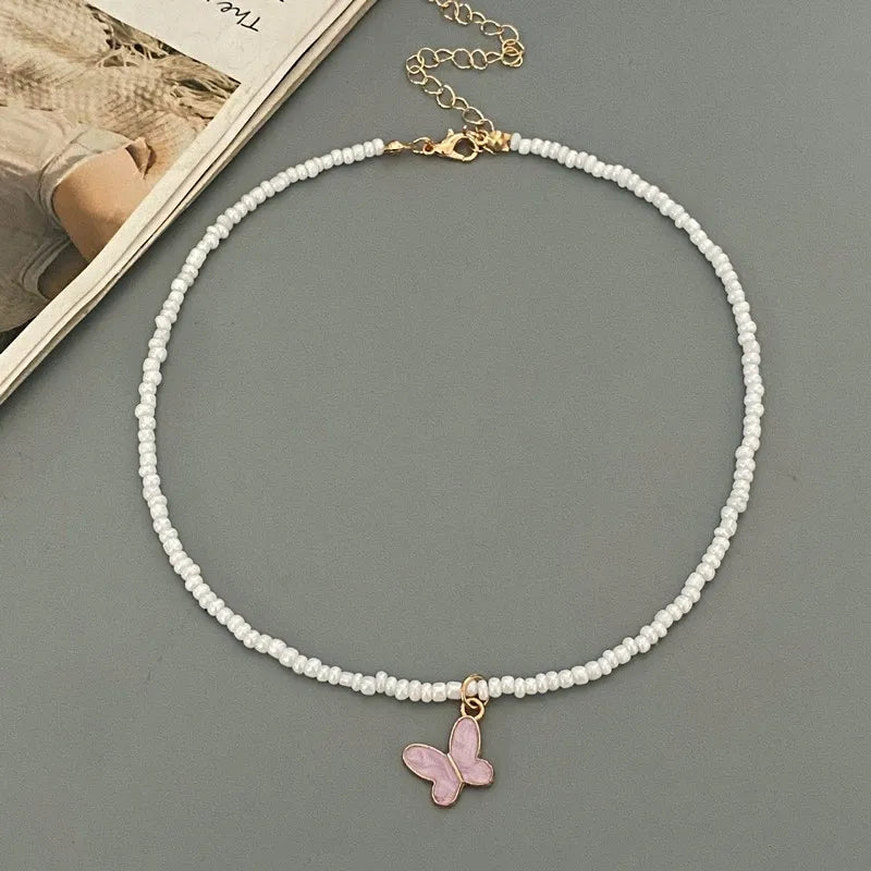 New Fashion Butterfly Pendnat Necklace Small Seed Beads Gift  Choker Necklace White Color Neck Jewlery