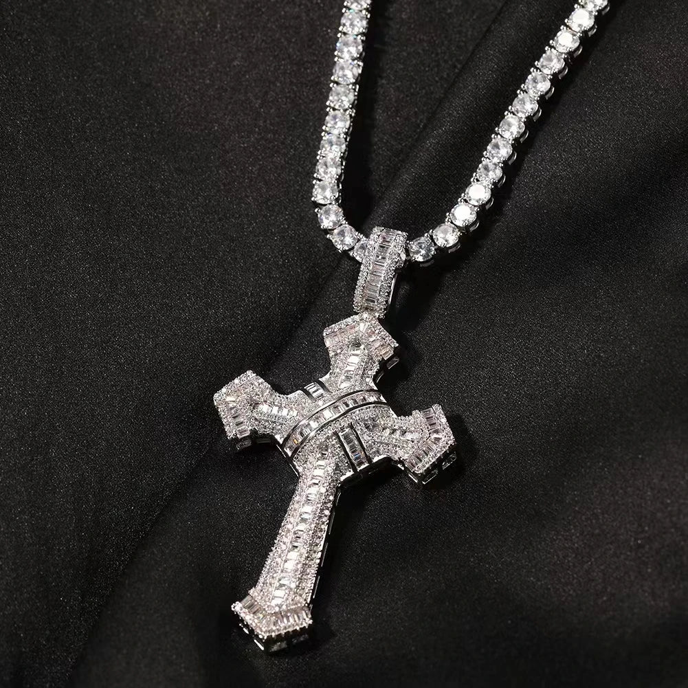 Shiny Ice Crystal Zircon Christian Cross Pendant Men and Women Hip Hop Trend Jewelry Catholic Amulet Necklace