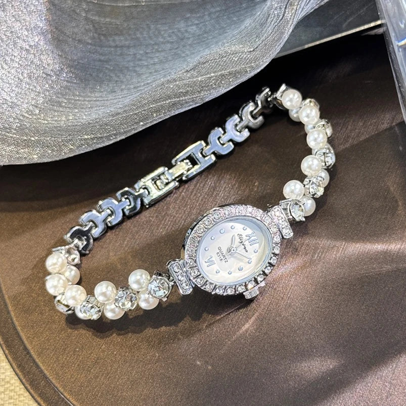 New Hot Pearl Bracelet Watch Luxury Diamond Encrusted Women Quartz Watch Oval Dial Ladies Wristwatches Dropshipping clock