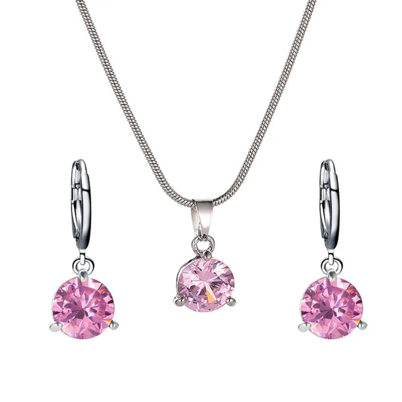 New Fashionable Temperament Jewelry Necklace and Earrings Two-piece Set Round Multi-color Zircon Pendant Set