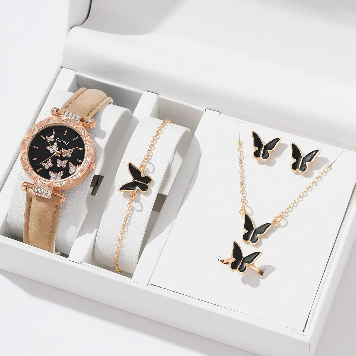 1/6PCS Set Luxury Watch Women Ring Necklace Earrings Rhinestone Fashion Wristwatch Ladies Casual Watches Bracelet Set Clock