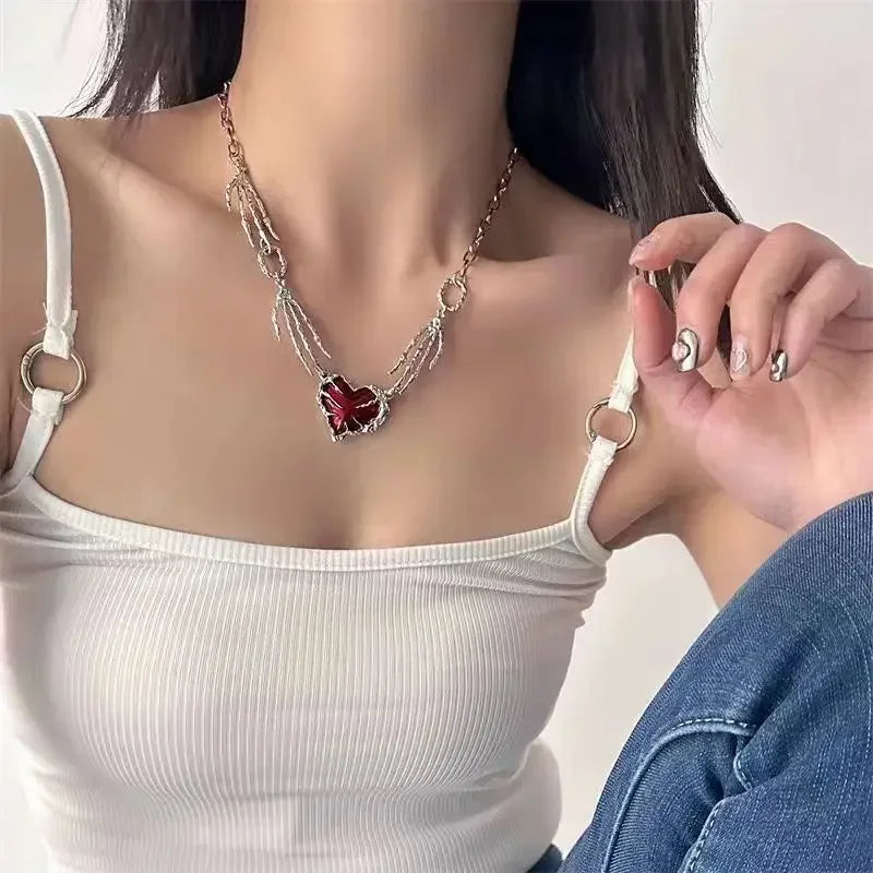New Red Love Heart Pendant Necklace Women Exaggerated Clavicle Chain Niche Design Hand Bone Shape Charm Chain
