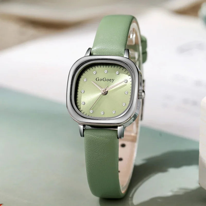 Luxury Women Quartz Watch Leather Strap Small Square Dial Green Watch Casual Fashion Versatile Vintage Wristwatches Dropshipping
