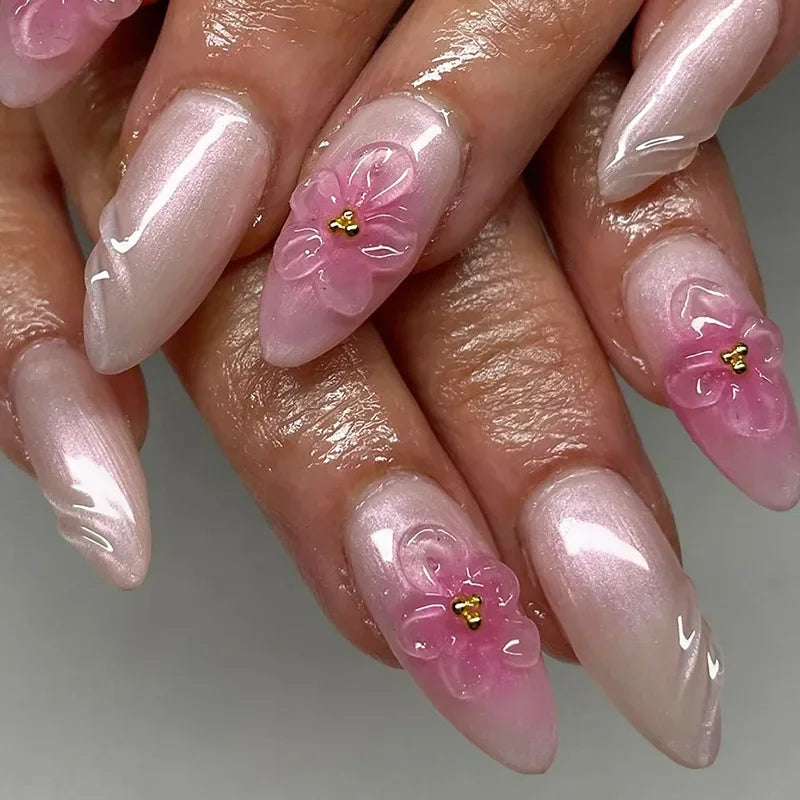 24Pcs 3D Flower Almond Nail Set Press on Nails with 3D Wave Drill False Nails French Tip Full Cover Artificial Nails Art Tips