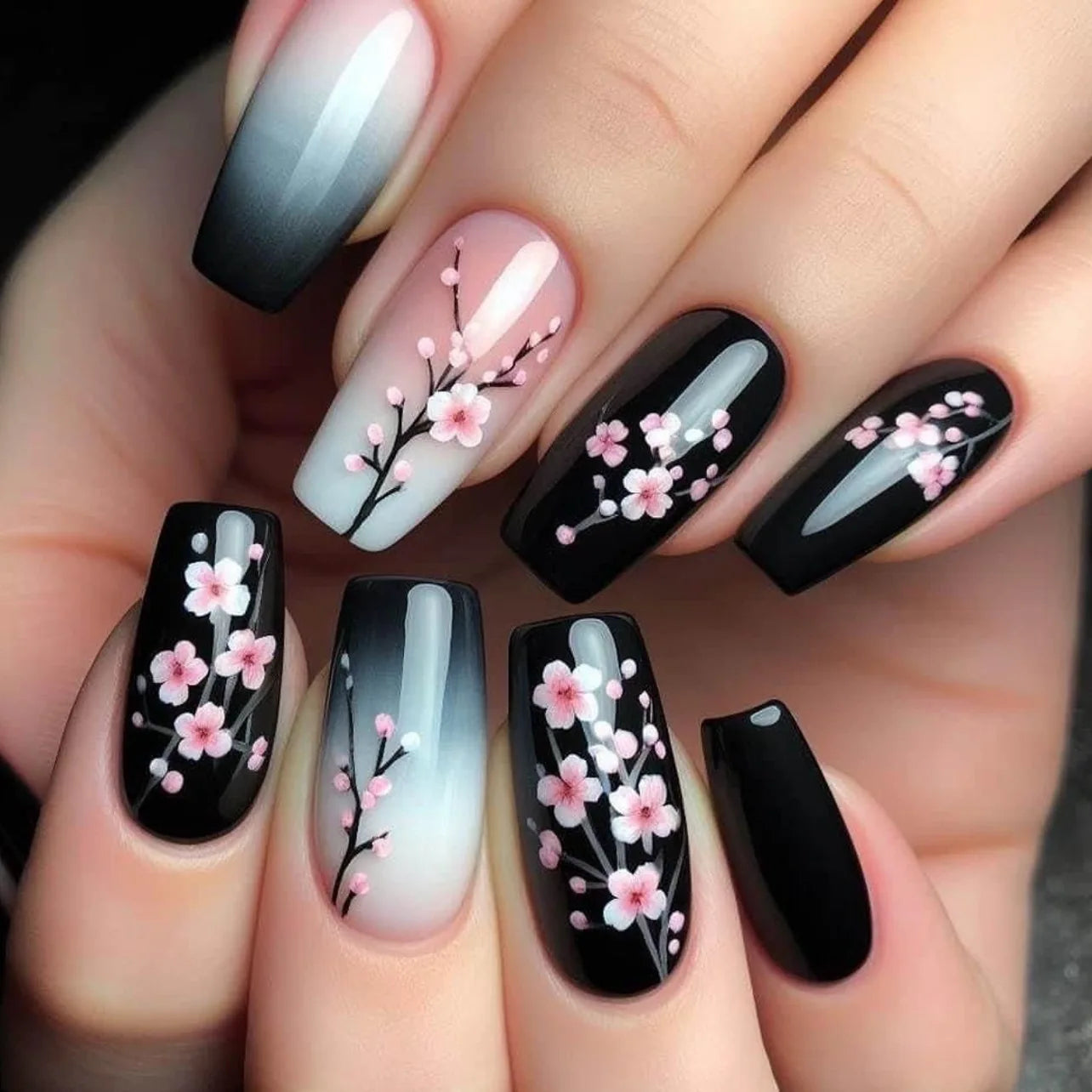 24pcs Mini Flower Press on Nails with Glue Painting Floral Acrylic Fake Nails Spring Design Short Square False Nails for Girls
