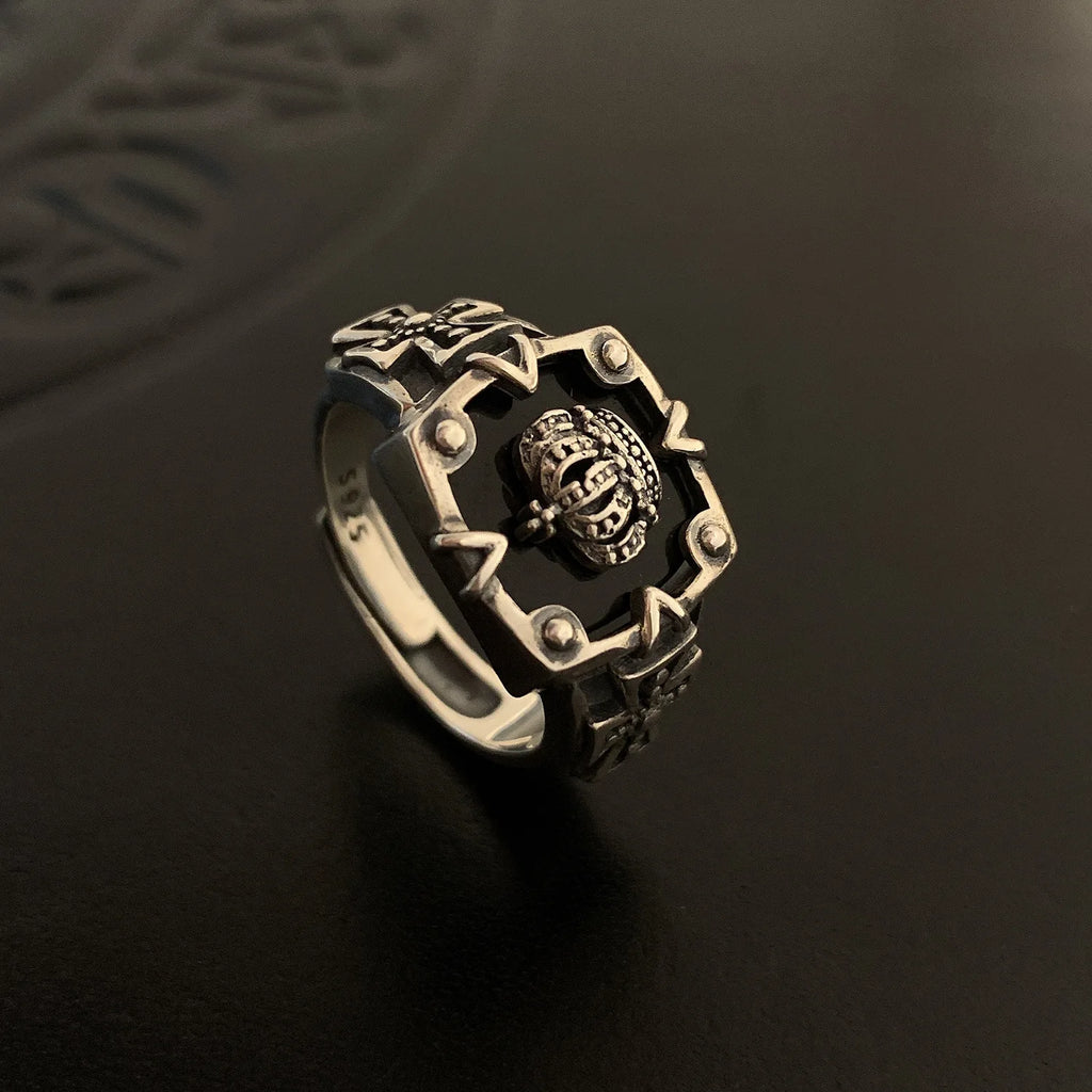 Best Sellers! Retro S925 Thai Silver, Crown Hip Hop Heavy Industry Dark Open Ring