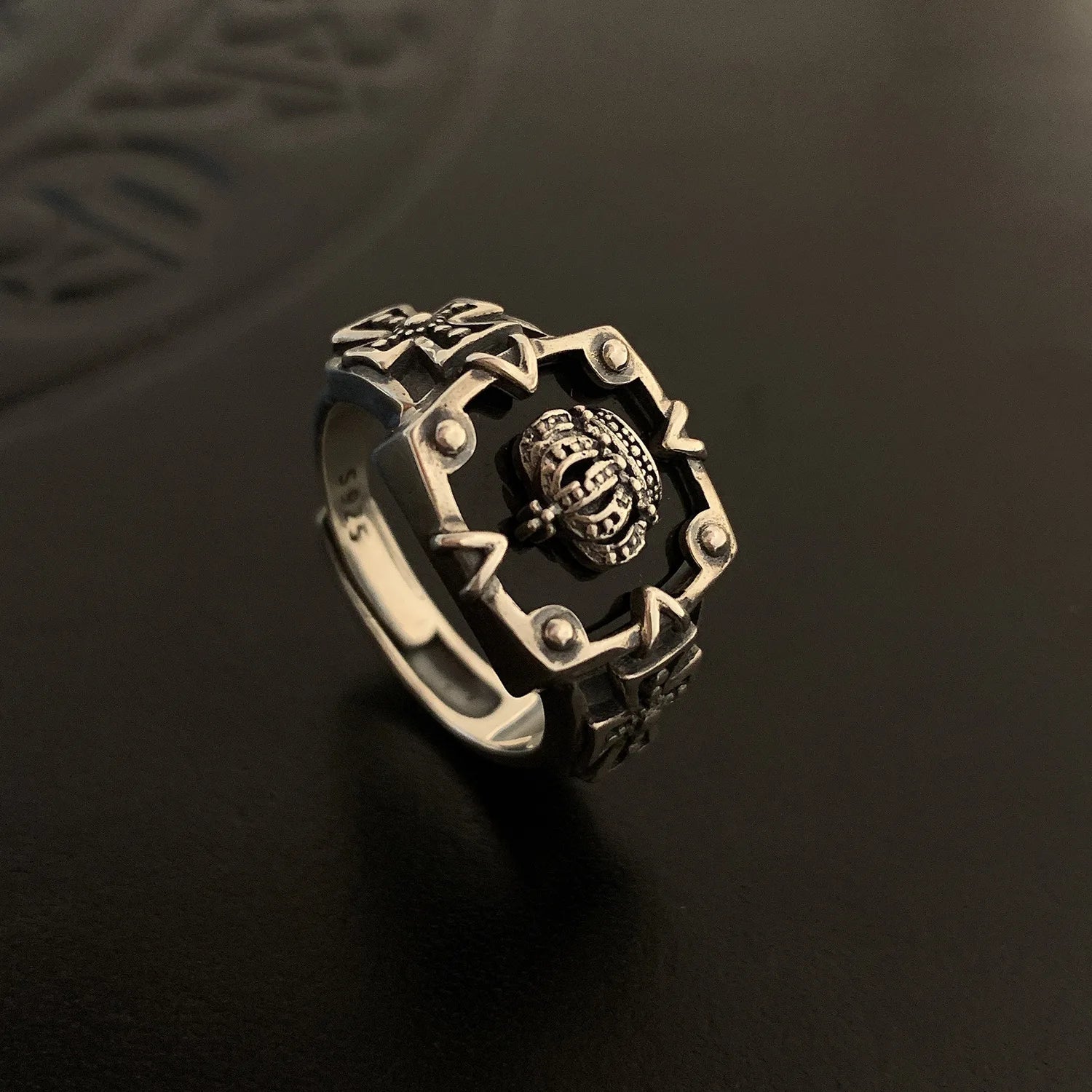 Best Sellers! Retro S925 Thai Silver, Crown Hip Hop Heavy Industry Dark Open Ring