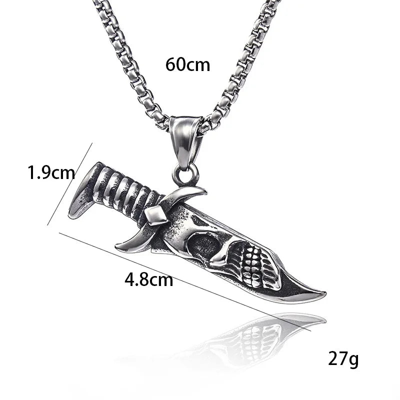 Men's Necklace Stainless Steel Dagger Skull Pendant Vintage hip-hop Jewelry Silver Color Male Neck Chain Punk Jewelry Wholesale
