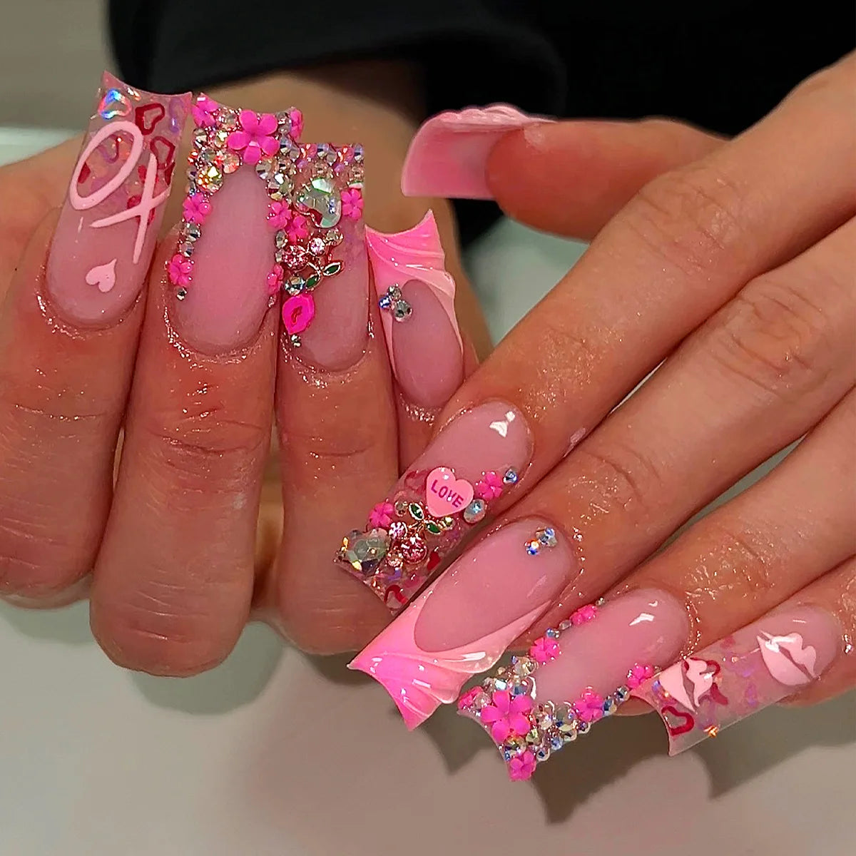 24pcs French Fake Nails with Glue Animal Print False Nails Short Square Press on Nails Diamond Cross Nail Press Ons Sweet Cool