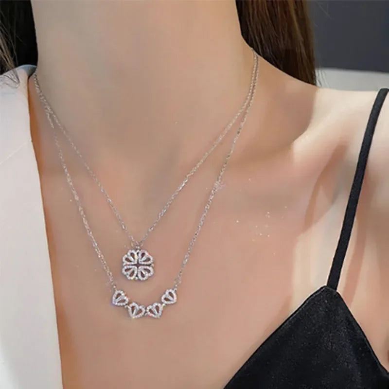 1/2PC Unique Heart Shaped Four Leaf Clover Pendant Necklace Silver Gold Jewelry Zircon Love Clavicle Chain Gifts Openable