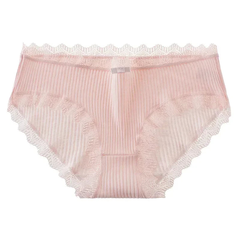 Casual Cotton Panties for Women Lace Mid Waist Underwear Threaded Brief Solid Color Skin Friendly Ladies Underpants Breathable