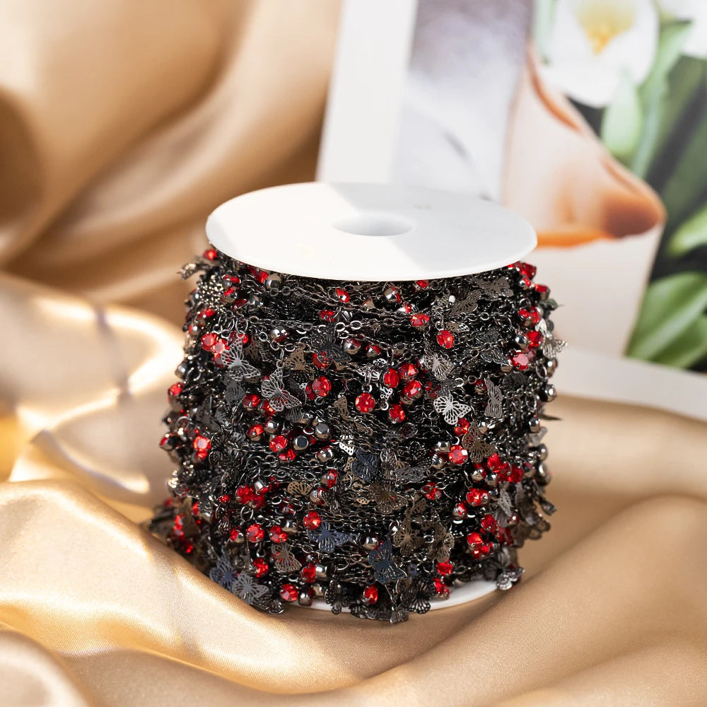 100CM 50CM Red Crystal Bead Charms Butterfly Pendants Gunblack Copper Chains For Jewelry Making DIY Necklaces Bracelets Chains