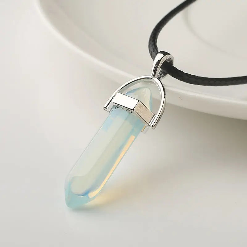 Natural Stone Pendant Necklace Ladies Girls Gift PU Leather Hexagonal Pillar Pointed Jewelry