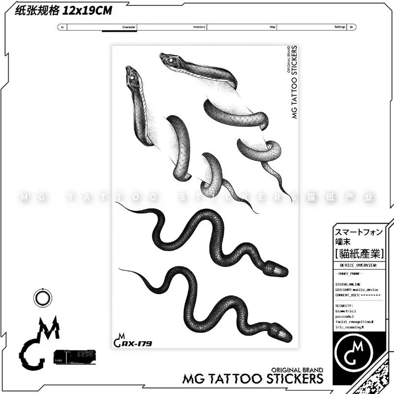 Gothic Snake Fake Tattoo for Woman Man Collarbone Punk Viper Temporary Tattoo Waterproof Black Python Tatoo Stickers Wholesale