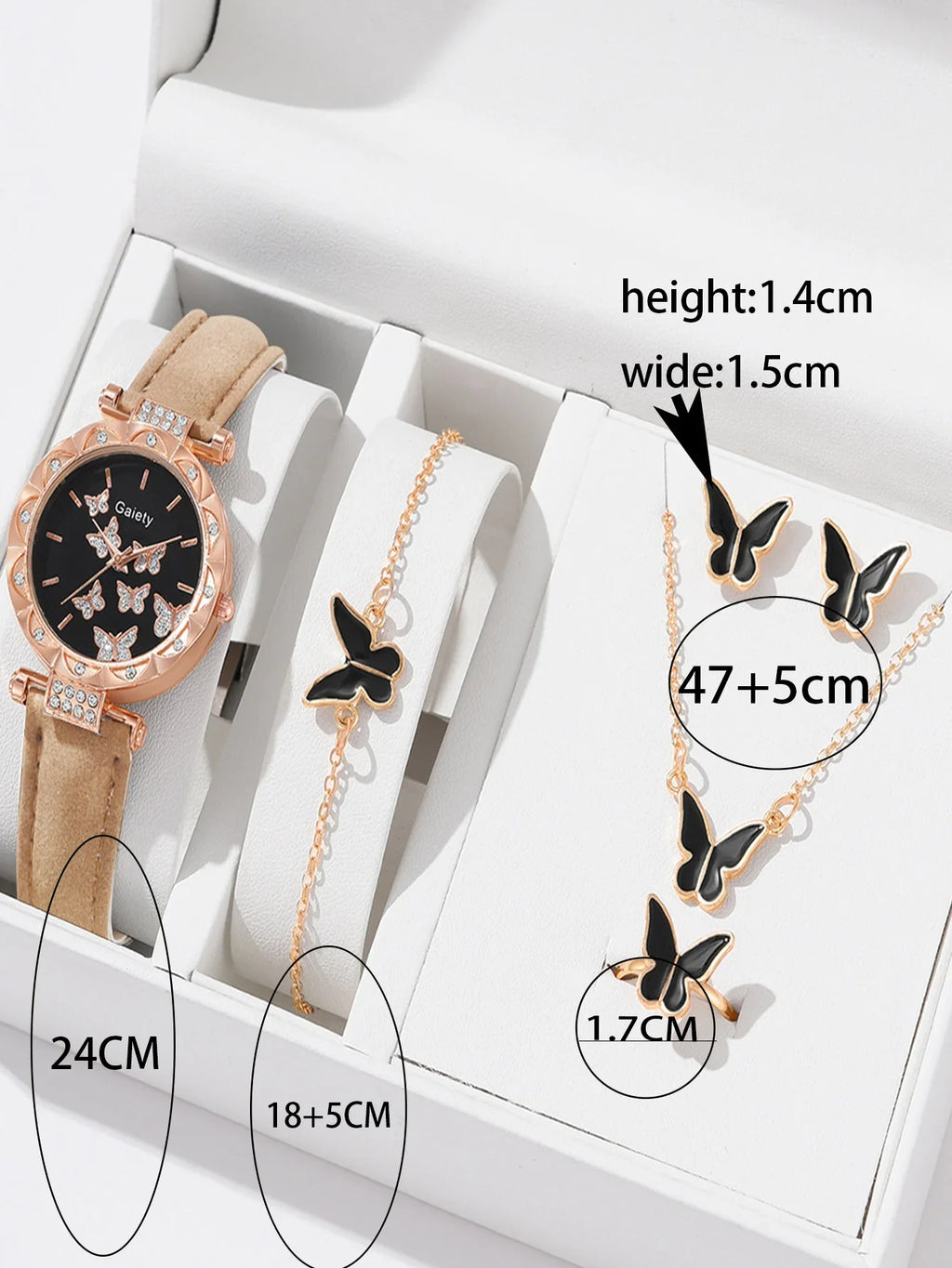 6pcs Luxury Watches Women's Ring Necklace Earrings Bracelet Set Watch Butterfly Leather strap Women's Quartz Watch No case