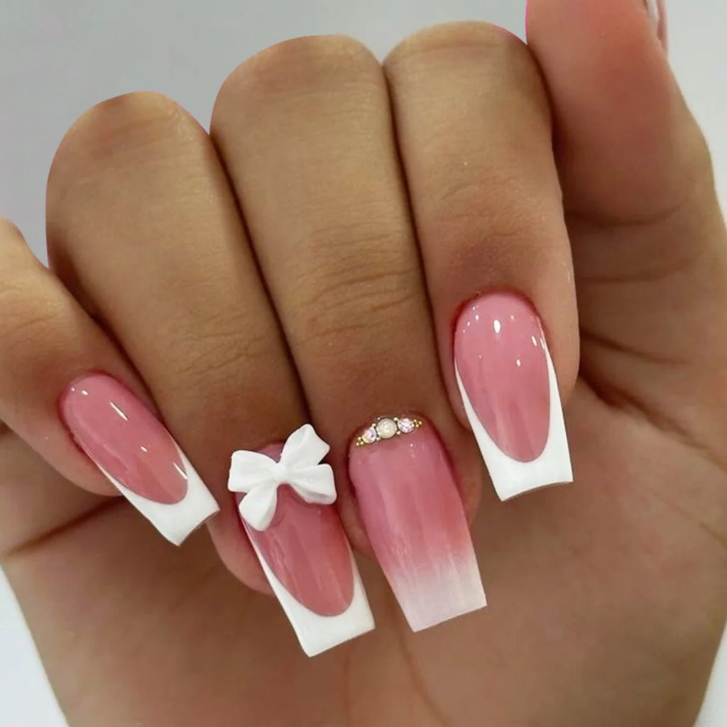 24Pcs Extra Long Square Fake Nail with Glue 3D Little Bear Bow Design False Nails White French Press on Nails Wearable Manicure