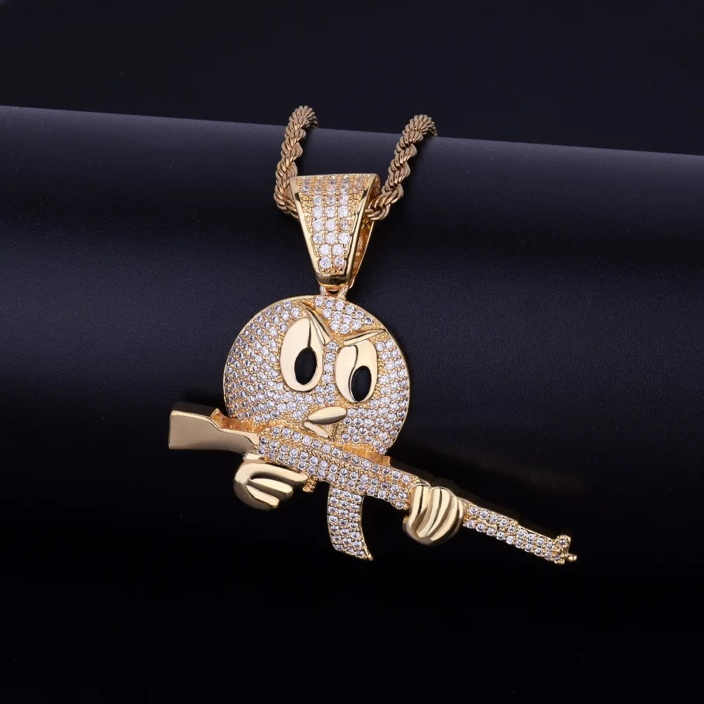 Hip-Hop Cartoon Round Face Gun Ak-47 Necklace Iced Out Pendant Gold Color Cubic Zirconia Men's Hip-Hop Rock Rap Jewelry