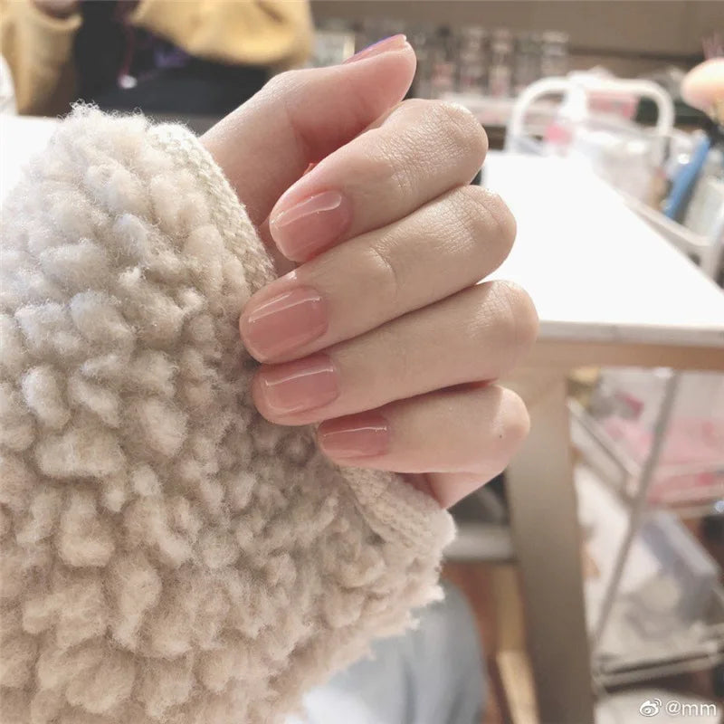24pcs Suqare Head Press on Nails Cat Eye False Nails with Glue Simple French Nail Full Cover Glossry Nude Artificial Fake Nails