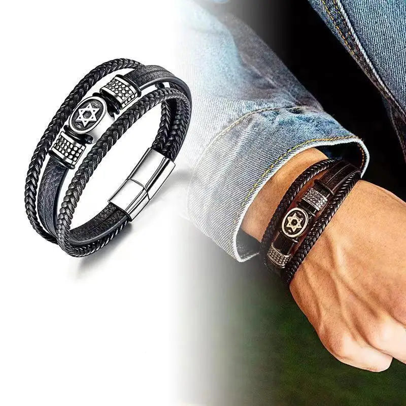 Fashion Star of David Multilayer Leather Braided Bracelet with Magnetic Clasp Men\\\\'s Vintage Judaica Amulet Jewelry