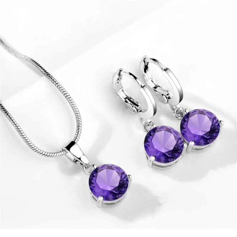 New Fashionable Temperament Jewelry Necklace and Earrings Two-piece Set Round Multi-color Zircon Pendant Set
